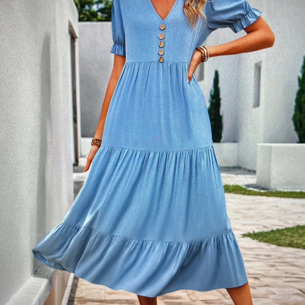 Light Blue V-Neck Tiered Maxi Dress with Button Detail - Picture 2 of 5